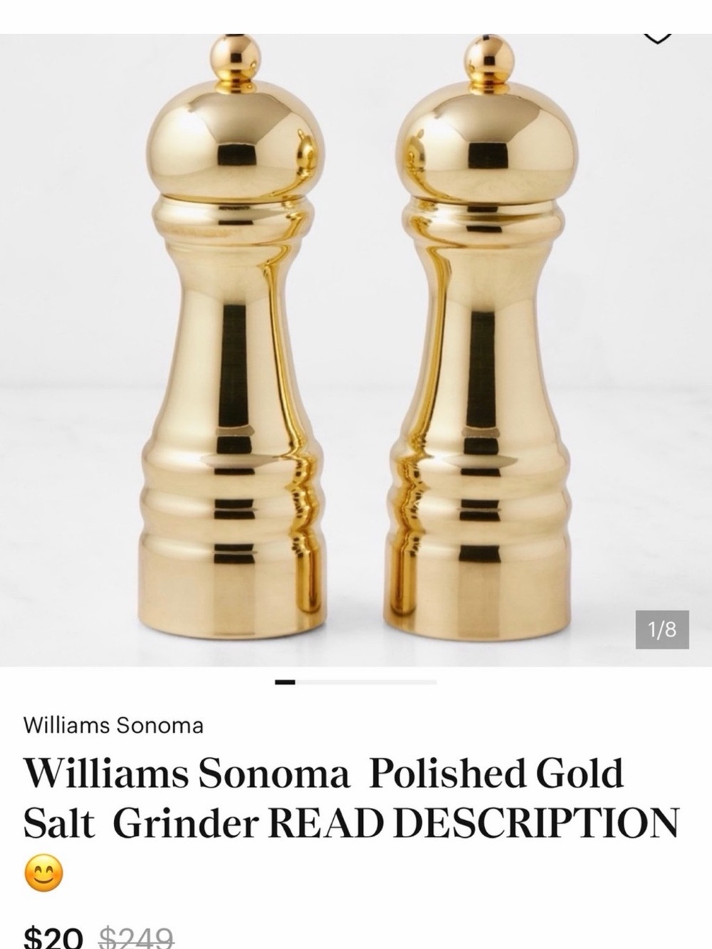 Williams Sonoma Polished Gold SET (2)  Salt Grinders